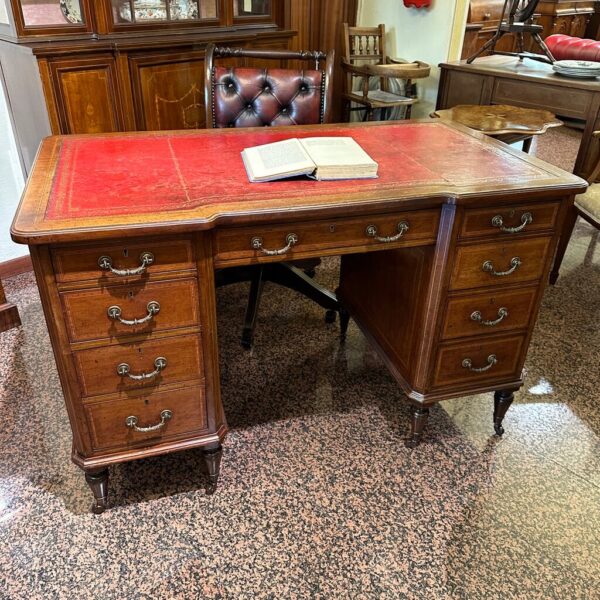 Antica Scrivania Inglese in Mogano con Pelle Rossa